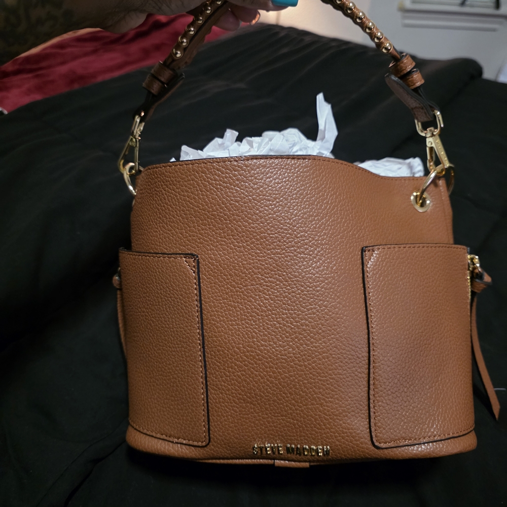 Steve Madden Cognac Pebbled Leather Bucket Bag with Studded Handle